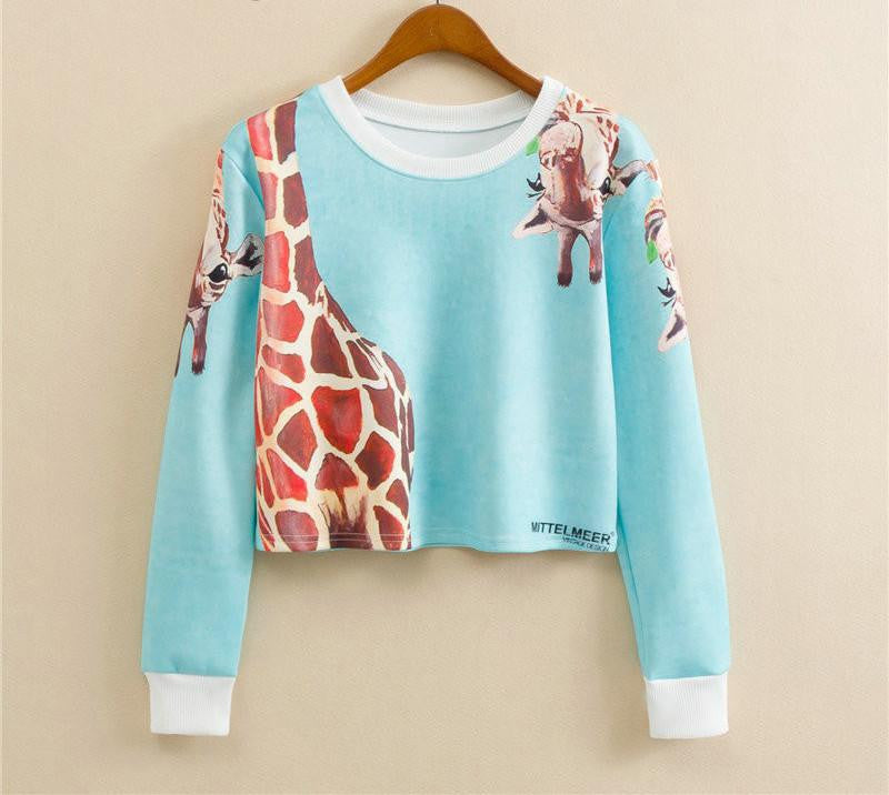 Women Casual Pullover Fashion Crop Tops Round Neck Long Sleeve Ladies Cat Short Cropped Sweatshirt