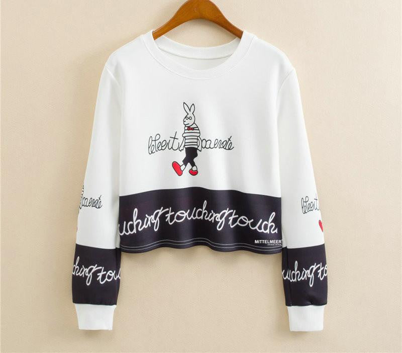 Women Casual Pullover Fashion Crop Tops Round Neck Long Sleeve Ladies Cat Short Cropped Sweatshirt