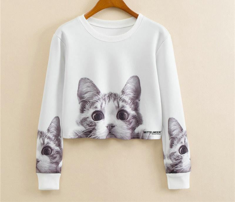 Women Casual Pullover Fashion Crop Tops Round Neck Long Sleeve Ladies Cat Short Cropped Sweatshirt