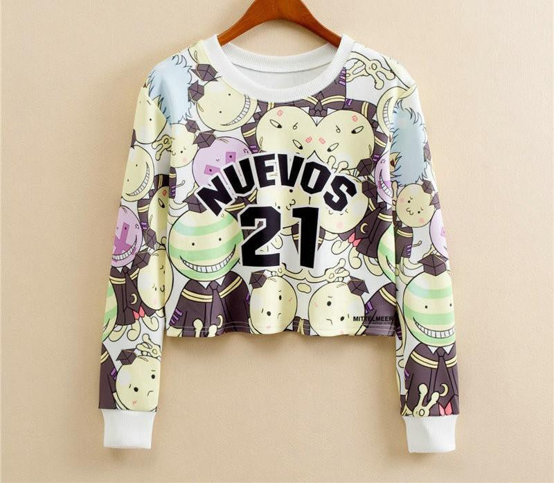 Women Casual Pullover Fashion Crop Tops Round Neck Long Sleeve Ladies Cat Short Cropped Sweatshirt