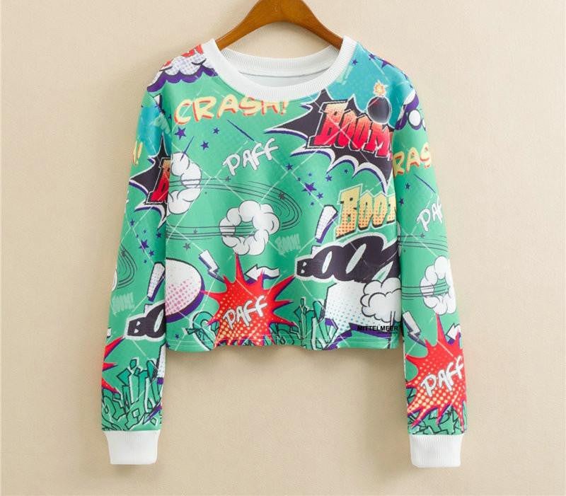 Women Casual Pullover Fashion Crop Tops Round Neck Long Sleeve Ladies Cat Short Cropped Sweatshirt