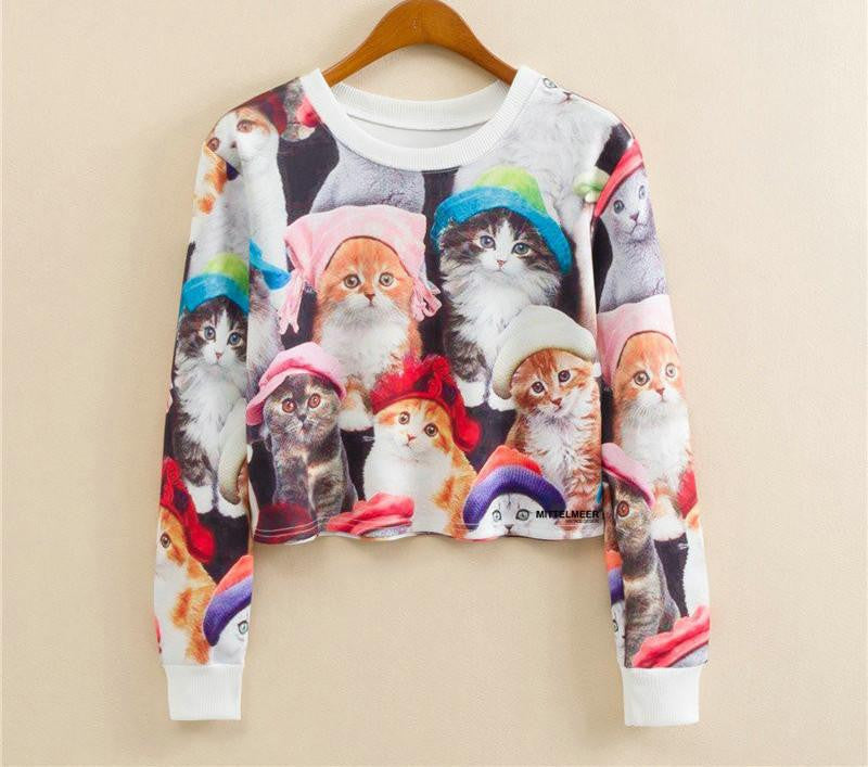 Women Casual Pullover Fashion Crop Tops Round Neck Long Sleeve Ladies Cat Short Cropped Sweatshirt