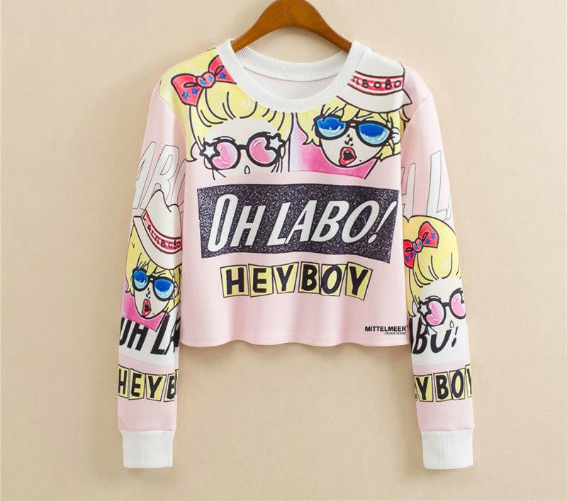 Women Casual Pullover Fashion Crop Tops Round Neck Long Sleeve Ladies Cat Short Cropped Sweatshirt