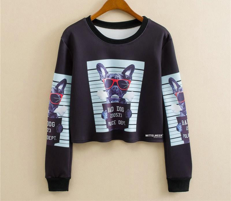 Women Casual Pullover Fashion Crop Tops Round Neck Long Sleeve Ladies Cat Short Cropped Sweatshirt