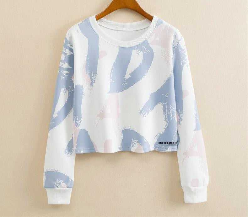 Women Casual Pullover Fashion Crop Tops Round Neck Long Sleeve Ladies Cat Short Cropped Sweatshirt