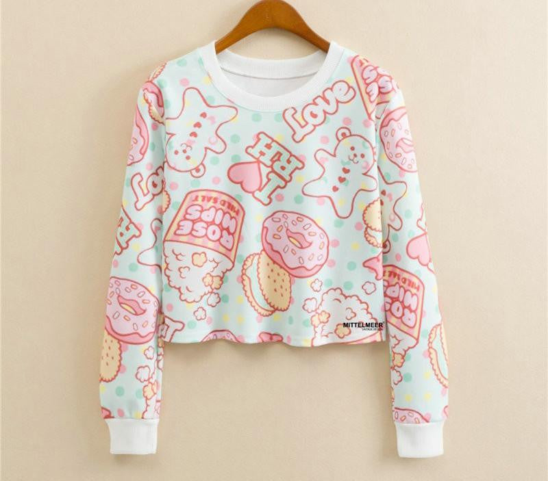 Women Casual Pullover Fashion Crop Tops Round Neck Long Sleeve Ladies Cat Short Cropped Sweatshirt