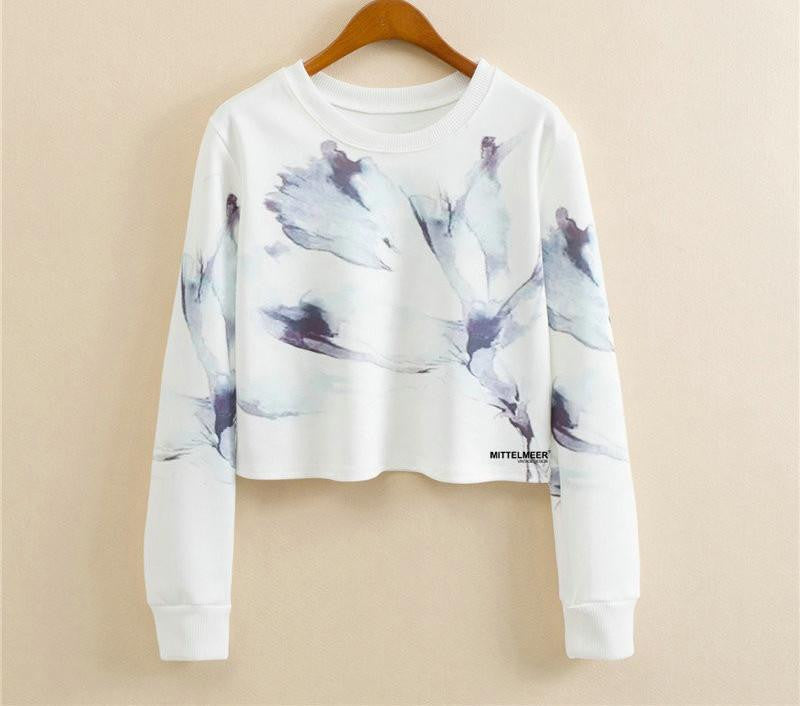 Women Casual Pullover Fashion Crop Tops Round Neck Long Sleeve Ladies Cat Short Cropped Sweatshirt