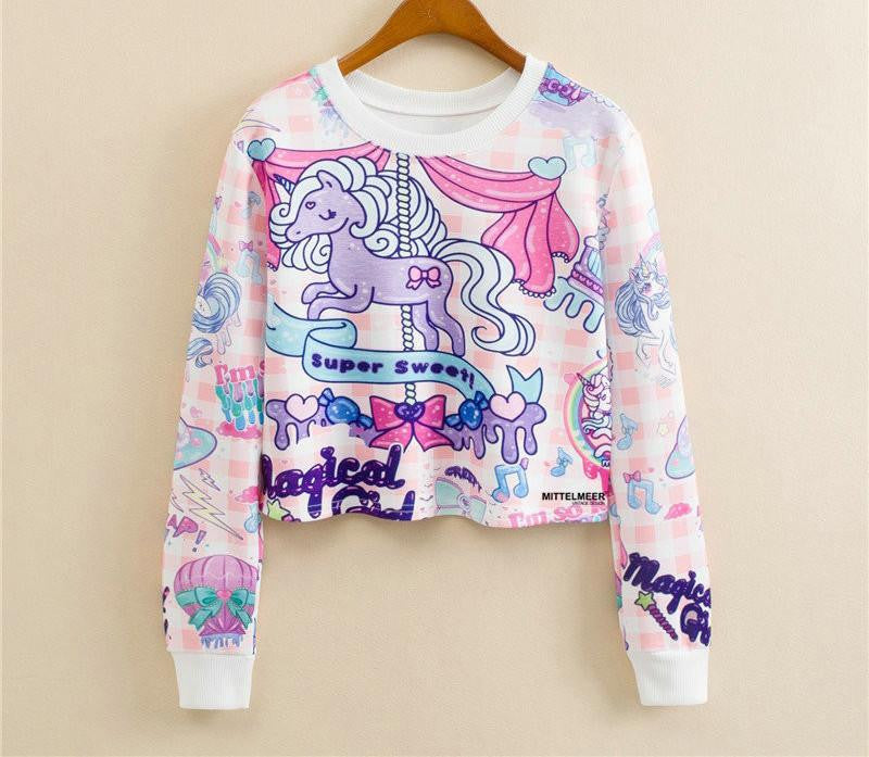 Women Casual Pullover Fashion Crop Tops Round Neck Long Sleeve Ladies Cat Short Cropped Sweatshirt