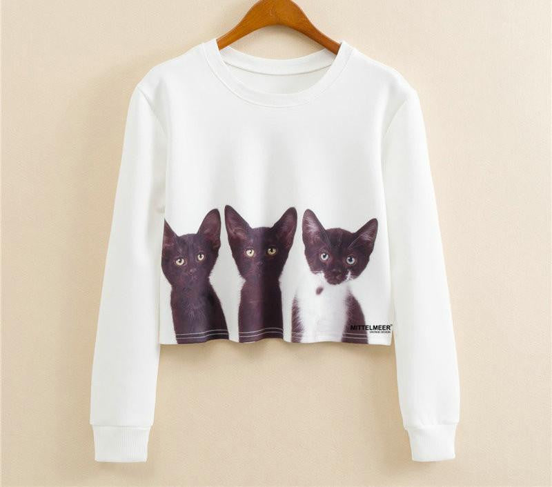 Women Casual Pullover Fashion Crop Tops Round Neck Long Sleeve Ladies Cat Short Cropped Sweatshirt