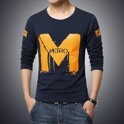 solid color stitching round neck long-sleeved sleeve Men's T-Shirt
