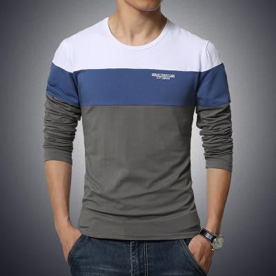 solid color stitching round neck long-sleeved sleeve Men's T-Shirt