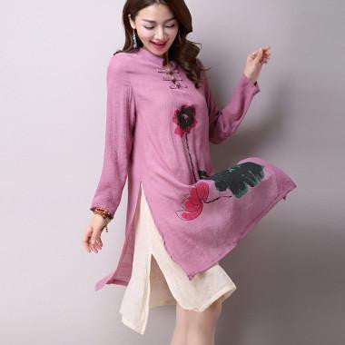 Women's National Wind Casual Long-Sleeved Cotton Linen Dress Plus Size Long Linen Dresses Simple Printing CX002