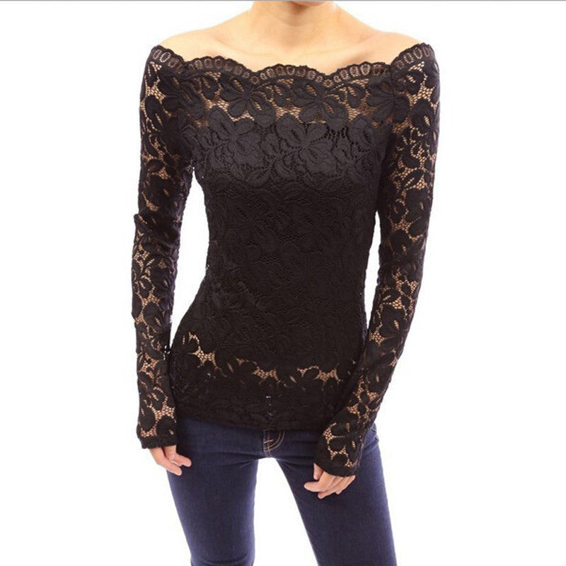 Online discount shop Australia - 4 Colors Sexy Women Off Shoulder Slash Neck Lace Crochet Shirts Long Sleeve Slim Casual Tops Blouse