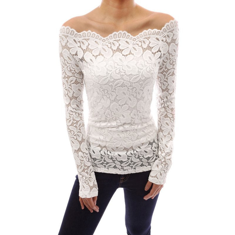 Online discount shop Australia - 4 Colors Sexy Women Off Shoulder Slash Neck Lace Crochet Shirts Long Sleeve Slim Casual Tops Blouse
