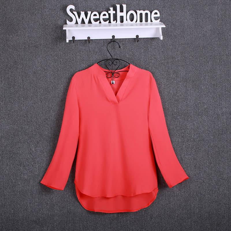 Women Blouses 4XL 5XL Plus Size Fashion Chiffon Blouse Shirts Women's tops Soild Long Sleeve Casual V-Neck