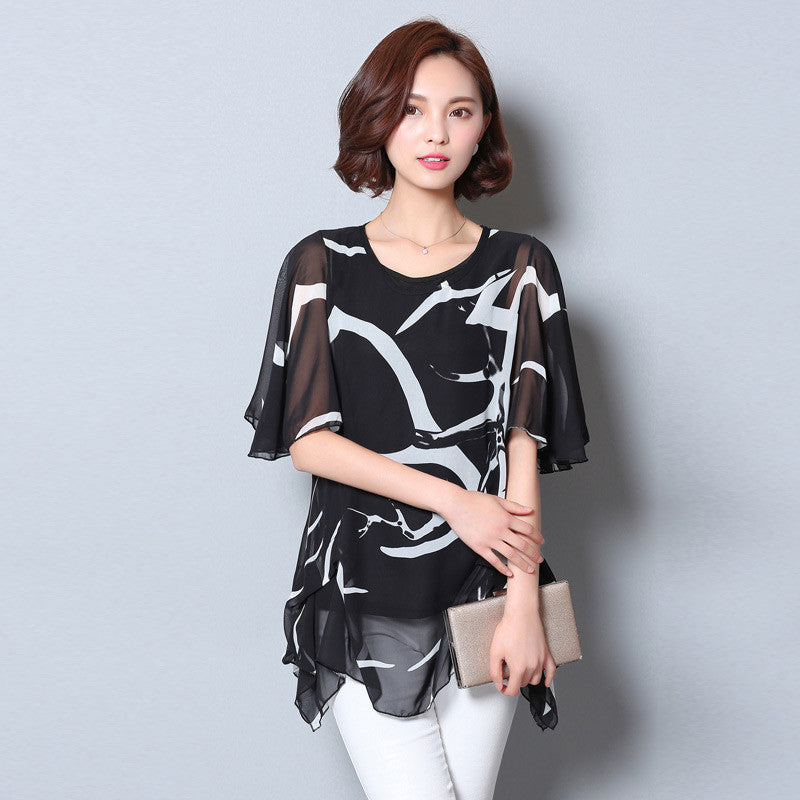 Online discount shop Australia - Bat shirt half Sleeve Chiffon Shirts Women printed Tops Long shirt White Blouse  style large plus Size XXXXXL DT228