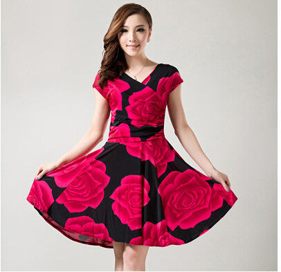 Women Spring Boho Asymmetrical One-piece Floral Print Plus Size Clothing V-neck Short-sleeve Summer Beach Dress QA282