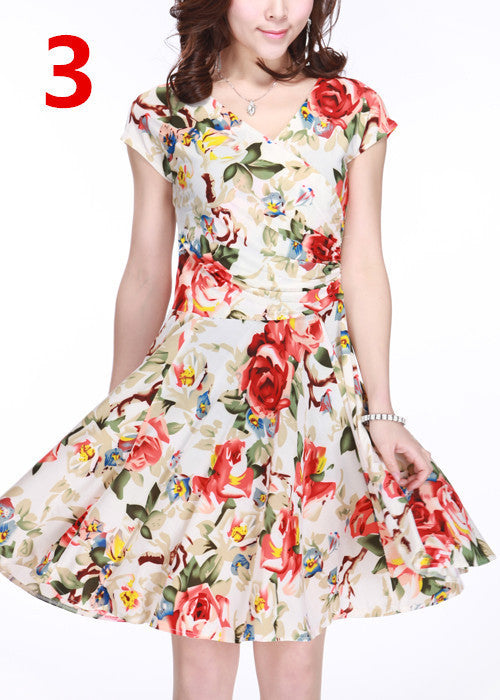 Women Spring Boho Asymmetrical One-piece Floral Print Plus Size Clothing V-neck Short-sleeve Summer Beach Dress QA282