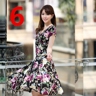 Women Spring Boho Asymmetrical One-piece Floral Print Plus Size Clothing V-neck Short-sleeve Summer Beach Dress QA282