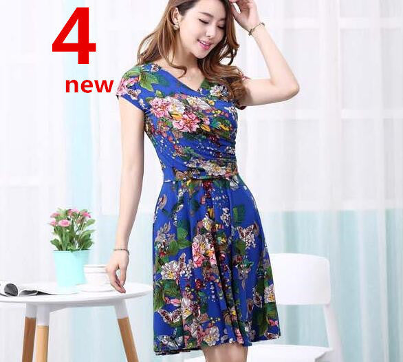 Women Spring Boho Asymmetrical One-piece Floral Print Plus Size Clothing V-neck Short-sleeve Summer Beach Dress QA282