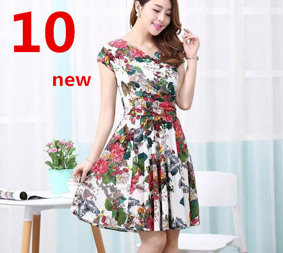 Women Spring Boho Asymmetrical One-piece Floral Print Plus Size Clothing V-neck Short-sleeve Summer Beach Dress QA282