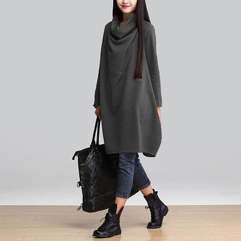Women Casual Cotton Loose Scarf Collar Dress Temperament Long Sleeve Blouse Plus Size Dress