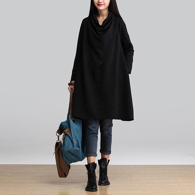 Women Casual Cotton Loose Scarf Collar Dress Temperament Long Sleeve Blouse Plus Size Dress