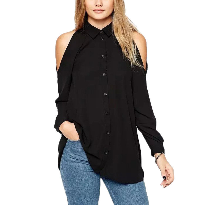 Plus Size Women Turn Down Collar Long Sleeve Tops Shirt Off Shoulder Long Chiffon Blouse