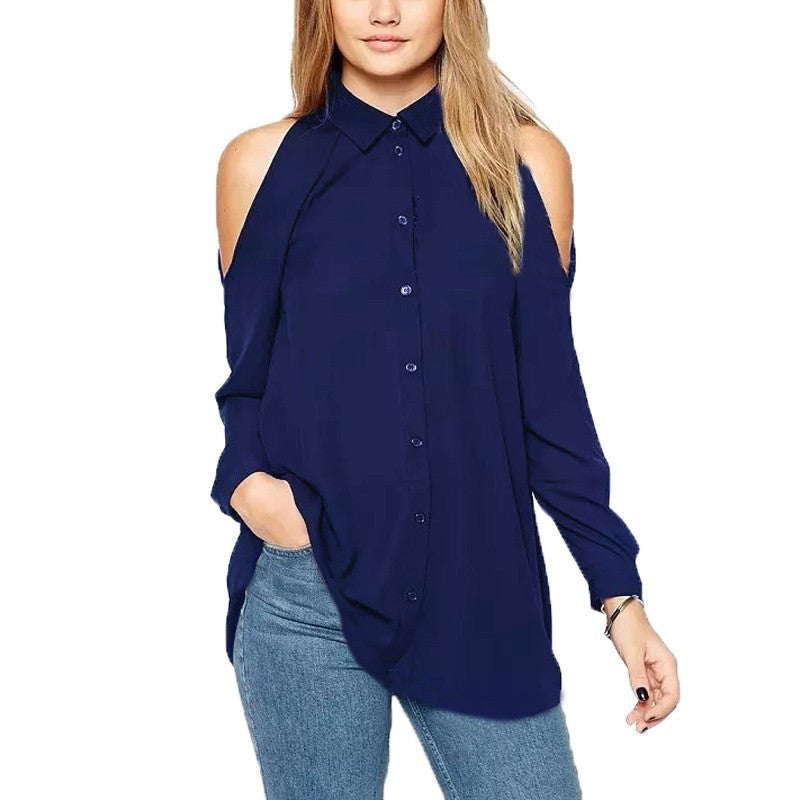 Plus Size Women Turn Down Collar Long Sleeve Tops Shirt Off Shoulder Long Chiffon Blouse
