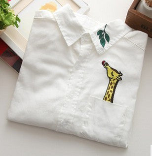 Online discount shop Australia - Cotton Casual Blouse Female Turn-down Collar Long-sleeve White Tops Women Embroidery Giraffe Leaves Shirt female tops