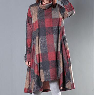 Winter Dress Plus Size Clothing Loose Women Dress Turtleneck Irregular Wool Dress Plaid Long Sleeve Vintage Dress