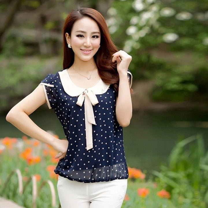 Online discount shop Australia - Casual Chiffon Shirts Dot Doll Collar Short Sleeve Tops Blouse Women Solid Tops Plus Size Loose M-2XL 62