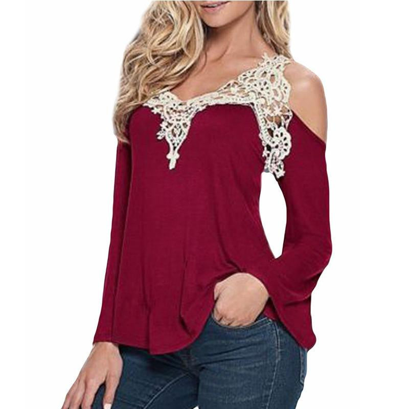 Women Blouses Off Shoulder Elegant Lace V Neck Shirt Ladies Long Sleeve Tops Plus Size