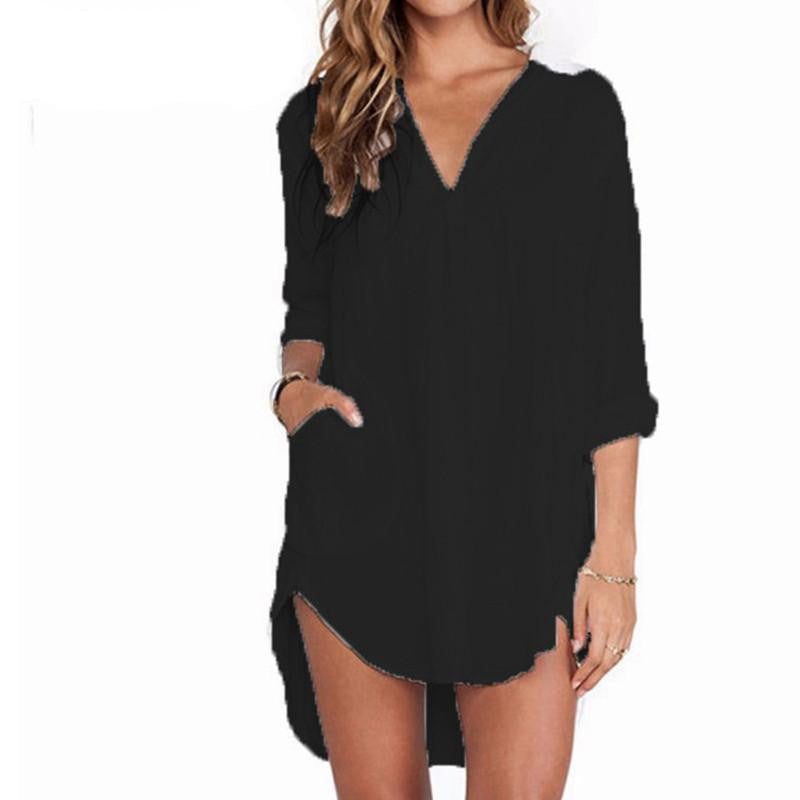Style Women Long Tops V Neck Pocket Solid Long Sleeve Blouses Casual Loose Mini Dress Shirts US Plus Size 4-24