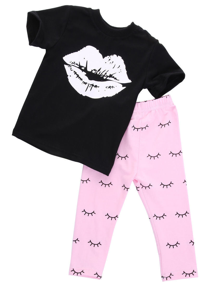 Fashion Baby Girls Clothes 0-4Y Toddle Kid Summer Short Sleeve Slip Print T-Shirt and Eyelash Pant 2pcs Children Set-Dollar Bargains Online Shopping Australia