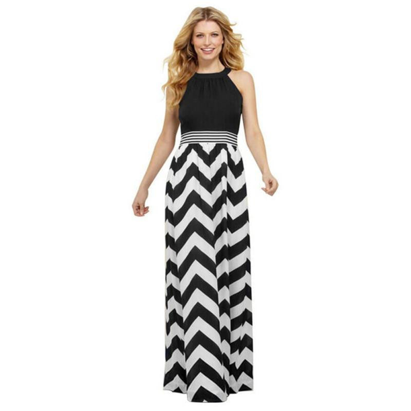 Women Striped Long Maxi Dress Ladies Summer Boho Beach Elegant Sundress