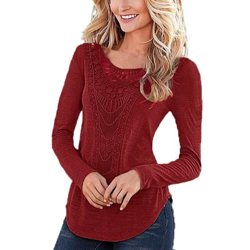 Women Blouses Long Sleeve O Neck Hollow Out Casual Slim Fit Shirts Leisure Solid Tee Tops Plus Size