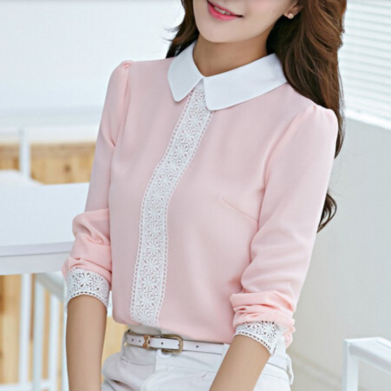Peter Pan Collar Chiffon Blouse Women's Long Sleeve Lace Crochet Top Blouses White/Pink Shirts