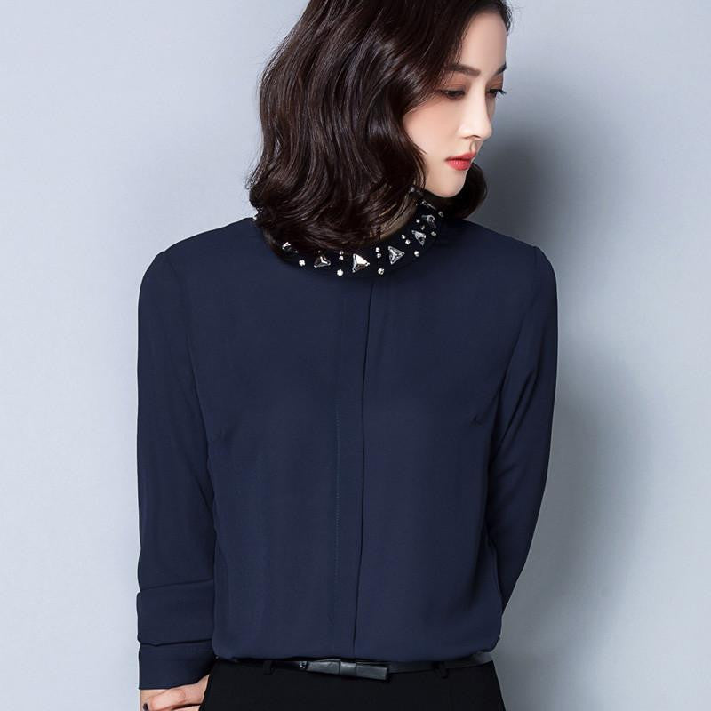 Women Blouse Long Sleeve Solid Color Chiffon Shirt Plus Size Casual Women Tops 160A 25