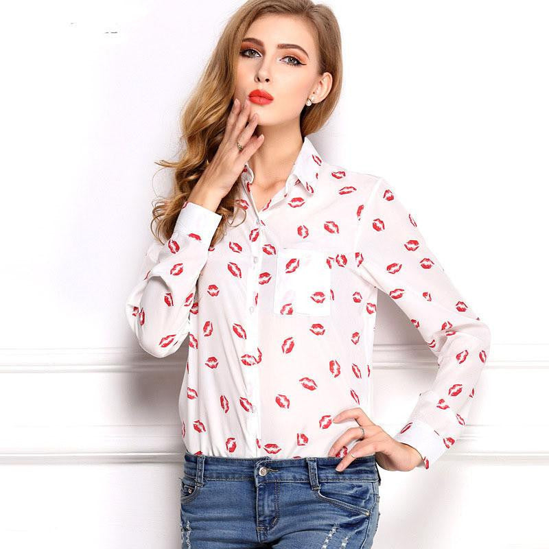 White Black Long Sleeve Women's Blouses Shirts Kiss Red Lip Print Casual Tops Loose Plus Size Lady Button Leopard