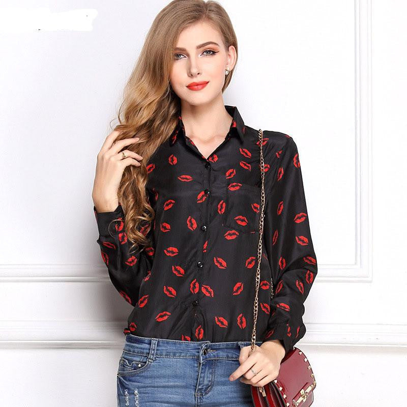 White Black Long Sleeve Women's Blouses Shirts Kiss Red Lip Print Casual Tops Loose Plus Size Lady Button Leopard