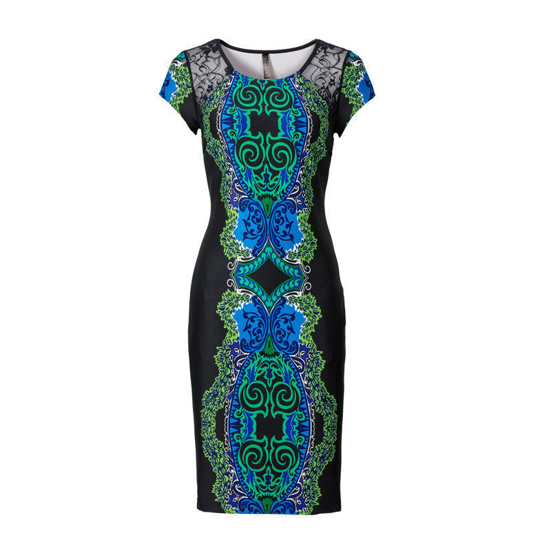 O-Neck Lace Dress Women Casual Knee-length Dress Short Sleeve Print Plus Size Slim Dress 2409