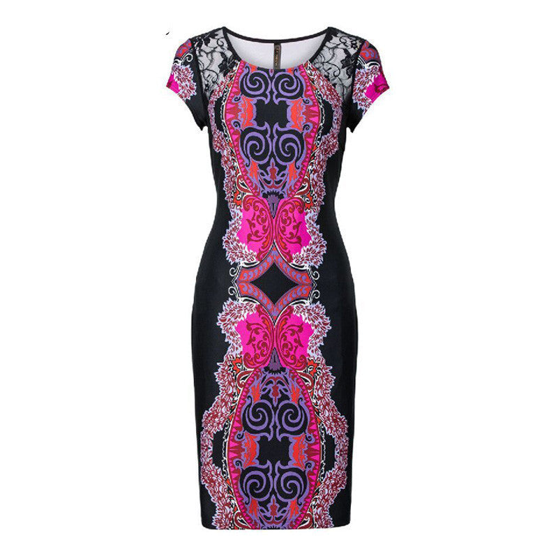 O-Neck Lace Dress Women Casual Knee-length Dress Short Sleeve Print Plus Size Slim Dress 2409