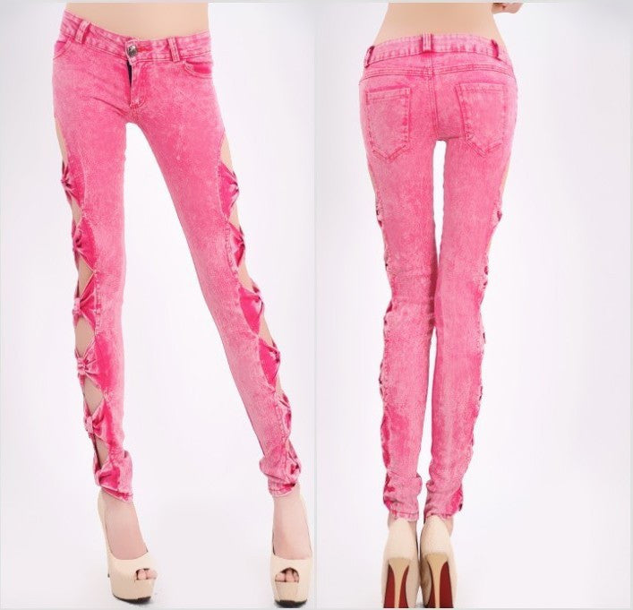 Online discount shop Australia - Fashion Sexy Low Waist Zipper Skinny Vintage Slim Bow Cotton Pencil Pants Hollow Out Women Jeans Female