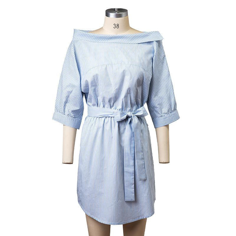 Online discount shop Australia - Blue Elegant Striped Slash Neck Women Dress Sashes Loose Casual Mini Summer Sexy Party Beach Shirt Dresses