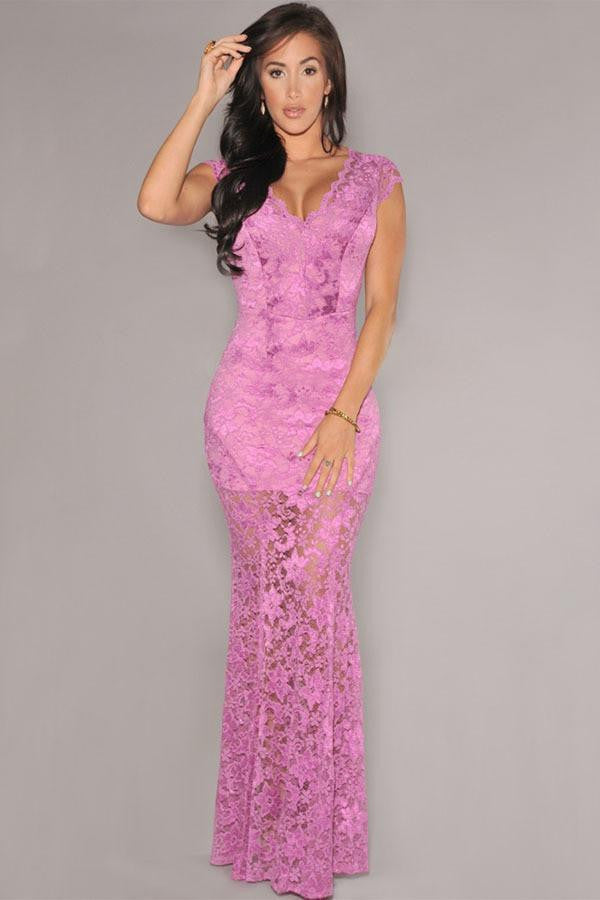 Vintage Orchid Lace Nude Illusion V-neck Low Back Party Gowns Dress