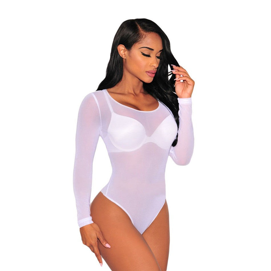 Nude Transparent Sexy Bodysuit Women Rompers Bodycon Jumpsuit Long Sleeve Mesh Bodysuit Sheer See Through Turtleneck Bodysuits-Dollar Bargains Online Shopping Australia