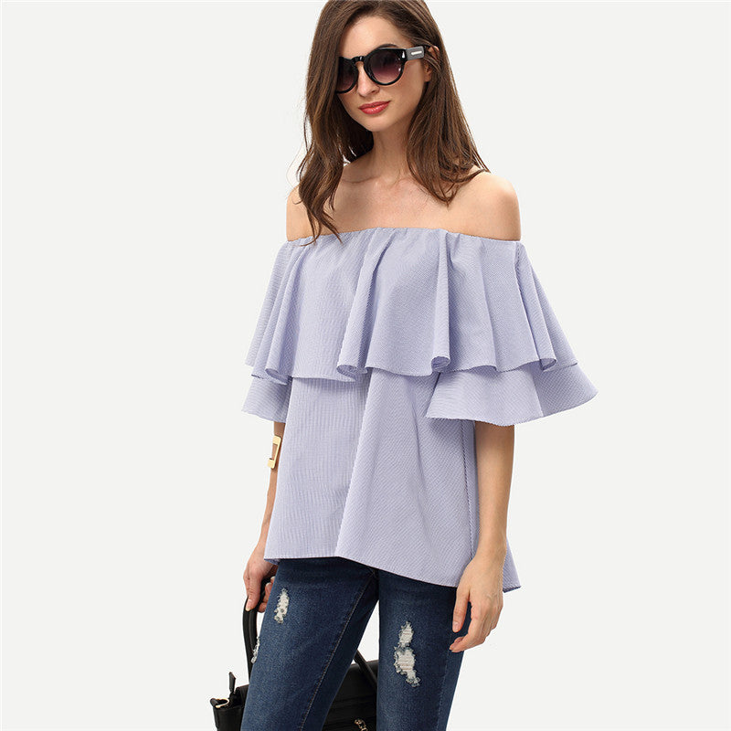 Off The Shoulder Blouses Cute Style Women's Shirts Casual Royal Blue Ruffle Butterfly Sleeve Blouse