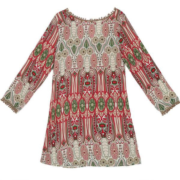 Women Boho Dress Crew Neck Aztec Print V Back Shift Long Sleeve Beach Loose Tunic Dresses