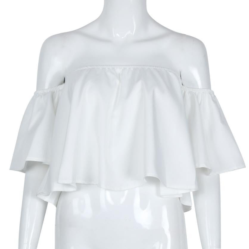 Women Blouses Solid Off Shoulder Slash Neck Flare Sleeve Women Tops #2611